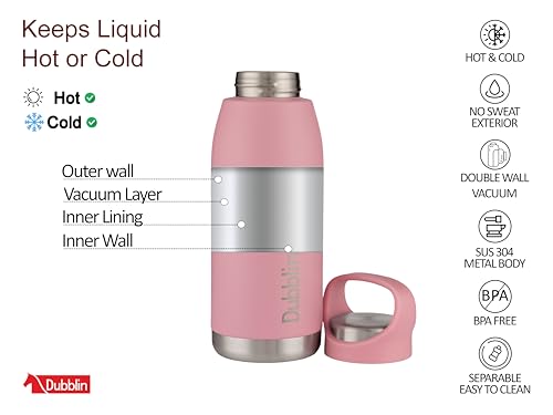 Image of Dublin Hiker 500 ML Stainless Steel Water Bottle, Vacuum Insulated Sports Bottle with Flip Lid, Leakproof Travel Flask (Pink)