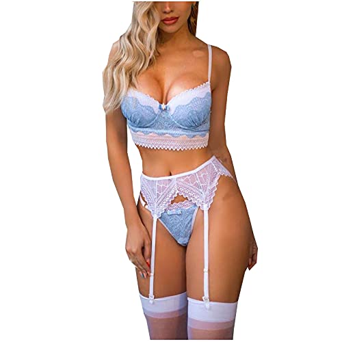Lingerie Set for Women Sexy High Waisted Lingerie Set Lace Bralette Set Strappy Lace Bow Bra Panty Set White