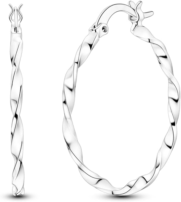 Parmuz 925 Sterling Silver Earrings Hoops for Women Ladies Simple Lightweight Twisted Medium Hoop Earrings With Cubic Zirconia Hypoallergenic Jewelry for Her