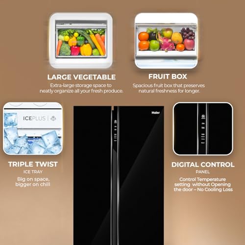 Image of Haier 602L 3Star 2 Door Premium Glass Side by Side Frost Free Refrigerator|100% Convertible|Wi-Fi|Expert Inverter Technology|Digital Display Panel|Triple Twist Ice Maker (HRS-682KGU1, Black Glass)