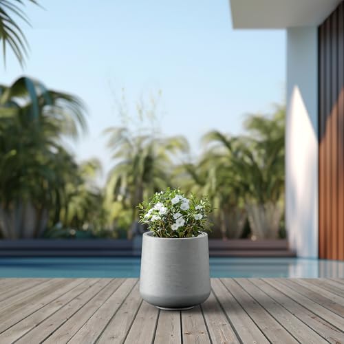 Image of Kante Pale Gray Concrete Planter 13 inch Dia All-Weather Round Accent Pot | Handcrafted Cement Curved, Anti-Frost & UV Outdoors, Plug for Indoor, Lightweight & Durable, Modern Home, Garden, Porch