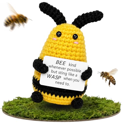 PICKLE BUDDIES Kind Wasp Bee – Funny Positive Crochet Bee, Handmade Encouragement Gift for Friends & Coworkers, Sassy Desk Buddy with Inspirational Message, Cute Office Decor