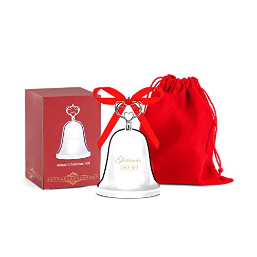 FunTech Annual Christmas Bell 2020, Silver-Plate Bell Ornament for Christmas Tree with Gift Box and Red Ribbon