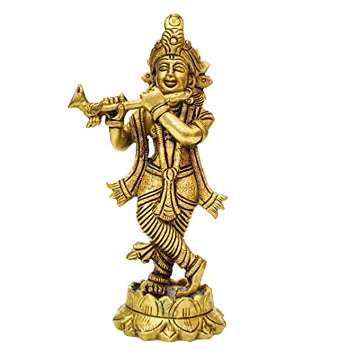 Statue de Krishna jouant de la flûte sur lotus en laiton ciselé main - 2