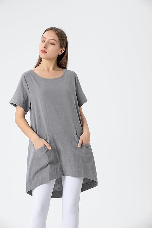 Minibee Women's Cotton Linen Short Sleeve Tunic/Top Tees - Image 3