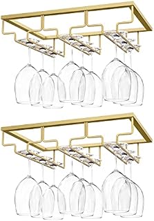 Nuovoware Wine Glass Rack, [2-Pack] Wine Glass Hanger Rack Under Cabinet Stemware Wine Glass Holder Storage Hanger for Bar Kitchen Cabinet (3 Rows) - Gold