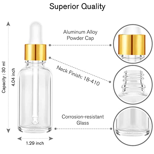 Prettycare Eye Dropper Bottle 1 Oz (4 Pack Clear Glass Bottles 30Ml With Golden Caps, 1 Extra Plastic Measured Pipettes, 12 Labels, Funnel) Empty Tincture Serum Bottles For Essential Oils, Perfume #TOP1
