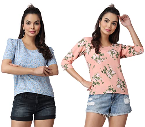 Image of POPWINGS Casual Floral Printed Round-Neck Puff-Sleeves Tops Combo for Women