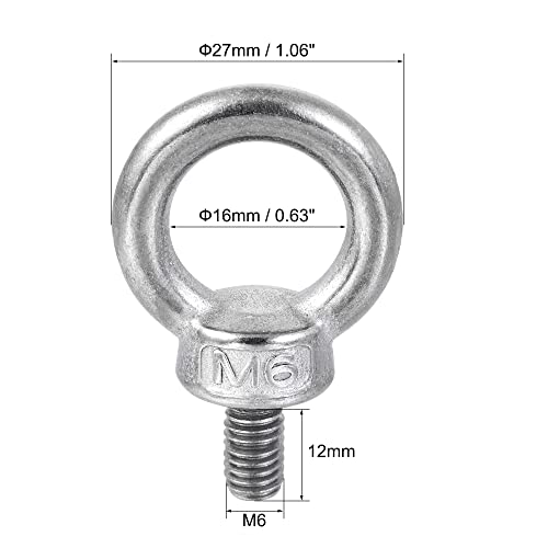 Image of uxcell Lifting Eye Bolt M6 x 12mm Male Thread with Hex Screw Nut for Hanging Securing Chain Wire Rope, 304 Stainless Steel, 2 Sets