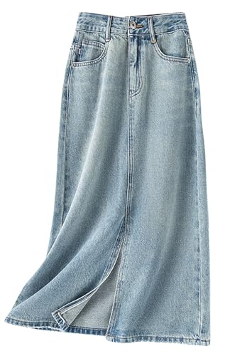 CHARTOU Women Casual Mid Long Denim Skirt Jean A Line Skirt Summer Packaged Hip High Waist Midi Denim Skirt with Slit