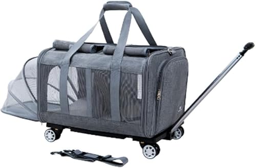 AZIEBAY キャットキャリー、キャットキャットバッグ、2匹の猫に最適、双方向拡張可能、3in1折りたたみ式、旅行、車、キャンプ、病院訪問、災害避難に最適キャスター付き猫ペットケージ、トロリー猫バッグ、2匹の猫を収容できる猫ケージ、2方向に拡張可能、折り