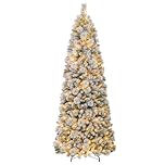 GYMAX 6FT/7FT Pre-Lit Artificial Christmas Tree, Pop up Snow Flocked Xmas Tree with 170/200 Warm White LED Lights, 517/680 Branch Tips & Pine Needles, Home Party Decoration Tree (7FT)