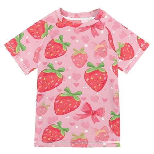 ALAZA Kids Rash Guard Girls Toddler Swim Shirts Short Sleeve Strawberry Bows UPF 50+ 3T
