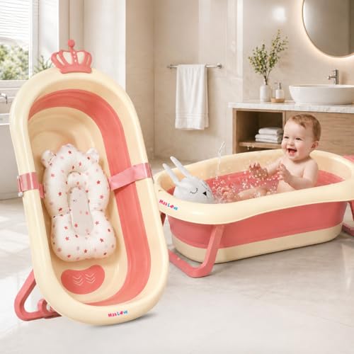 Image of Premium Foldable Baby Bathtub with Soft Cushion for Newborn, Infant & Toddler, Non-Slip Base, Easy Drain Plug, Portable Space Saving Bath Tub (Pink)