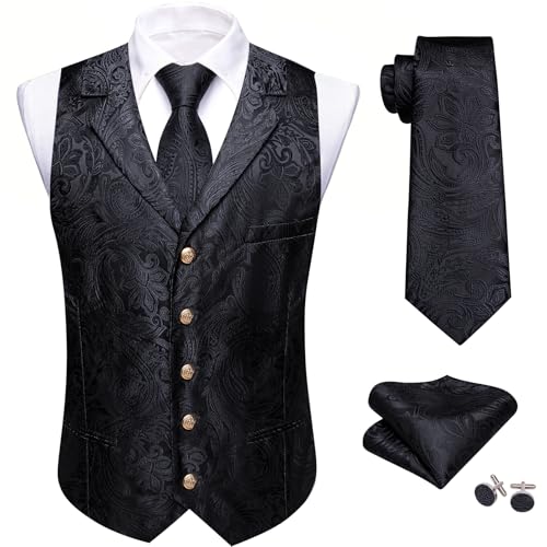 Image of Barry.Wang Mens Silk Lapel /Shawl Collar Vest Tie Sleeve Holder Set Formal /Casual Paisley Vests Wedding Tuxedo Waistcoat