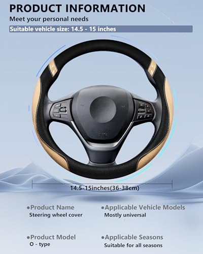 Image of Steering Wheel Cover for Car Leather Universal Steering Wheel Covers for Men Women Fit Cars SUV Truck Pickup 15inch (Beige)