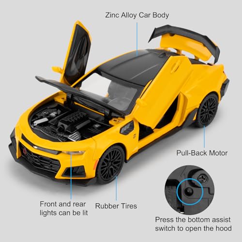 Image of 1 /32 Bumblebee Model Car Toy, Collectible Zinc Alloy Pull Back Vehicles Diecast Car Toy with Sound and Light for Adult Boys Girls (Yellow)