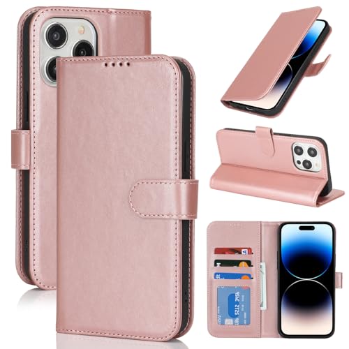Image of for iPhone 14 Pro Case Wallet with Card Holder,for iPhone 14 Pro Wallet Case for Women Men,PU Leather Shockproof Magnetic Buckle Stand Flip Phone Case-Rose Gold