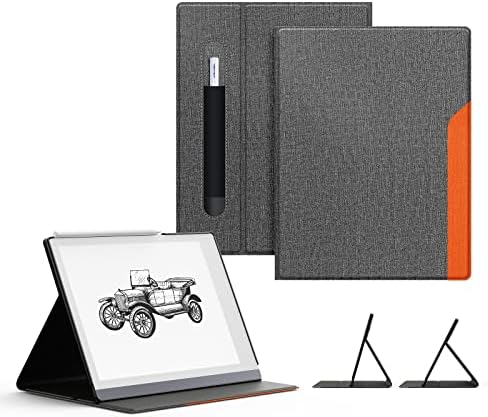 OLAIKE Book Folio Case for Remarkable 2 Paper Tablet 10.3" 2020 Released, Premuin Fabric Smart Cover with Pen Pocket, Stable Folding Stand Design (Not for Remarkable 1),Gray & Orange