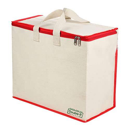 Image of DOUBLE R BAGS Multipurpose Clothes & Grocery Storage Organizer with Reinforced Cotton Handles, Zip Cover & 1 Compartment - Heavy Duty Canvas Bags (Red, 43x27.9x43 cm, Pack of 4)