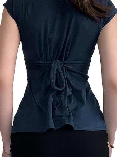 Xineicy Deep V Neck Tops for Women Tie Back Strappy Bow Short Sleeve T Shirt Low Cut Cleavage Summer Tops2