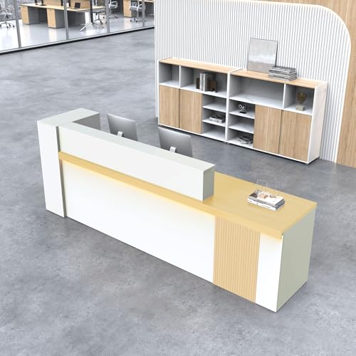 Nuipesn Modern L Shape Reception Desk with Storage – Front Desk Reception Counter with Double-Layer Countertop, Drawer & Open Shelf, for Office, Salon, Retail Store(Maple+White/Right, 71
