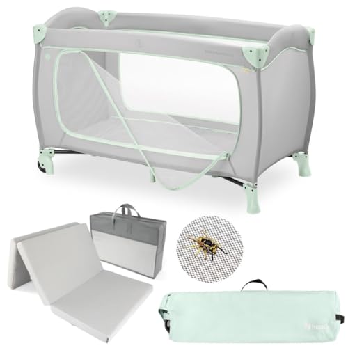 hauck Lit Parapluie Bébé avec Matelas Sleep N Play Go Plus - Lit Voyage Bébé Pliable avec Moustiquaire, roulettes, Ouverture Latérale et Sac de Transport, Dusty Mint