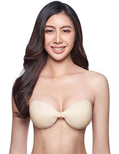 Silicone Strapless Sticky Bra for Women â€“ Backless Front Buckle Stick-On Seamless Bra (C Medium) Cream