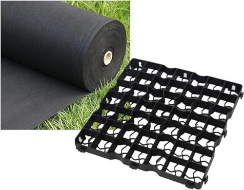 FXDM Gravel Grid Shed Base - Plastic Grid for Driveways Garden Flooring & Paths - Carports Grass Grid & Garden Path Mat - Lawn Greenhouse Deck Turf Shed Base Path Base Mat 12 Grids = 3m Black