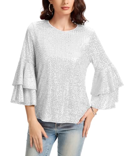 Kyzoeyou Damen Pailletten Oberteil Glitzer Tops Langarm Rundhals T-Shirt Bluse Cap Ärmel Freizeit Tunika Party Festival (Silbrig M)