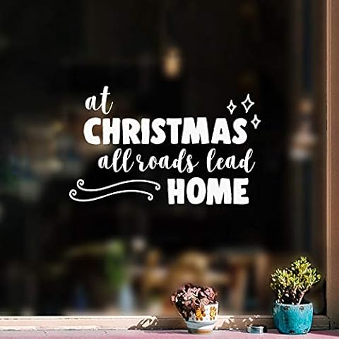 Vinyl Wall Art Decal - at Christmas All Roads Lead Home - 14" x 22.5" - Christmas Seasonal Decoration Sticker - Indoor Home Office Wall Door Window Bedroom Workplace Decor Decals (14" x 22.5", White) Cover
