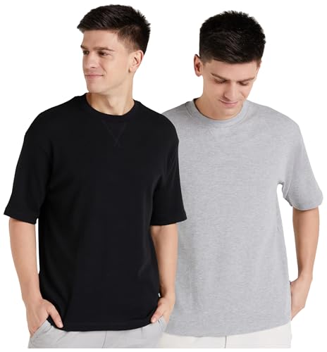 Image of Amazon Brand - Symbol Men's Fit Solid Short Sleeve Oversized Round Neck Waffle T-Shirt (Black + Mid Grey Melange XL) (Combo Pack of 2)