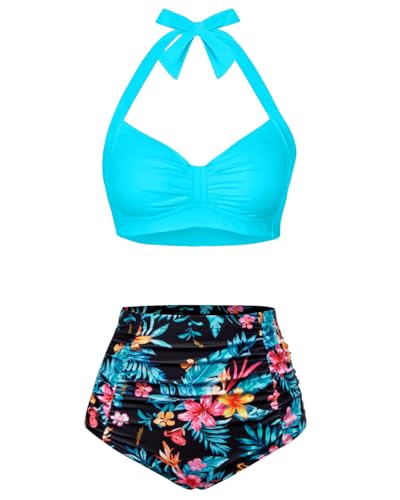 Image of Holipick Women High Waisted Bikini Set Two Piece Swimsuit Tummy Control Bathing Suit Vintage Halter Swimwear