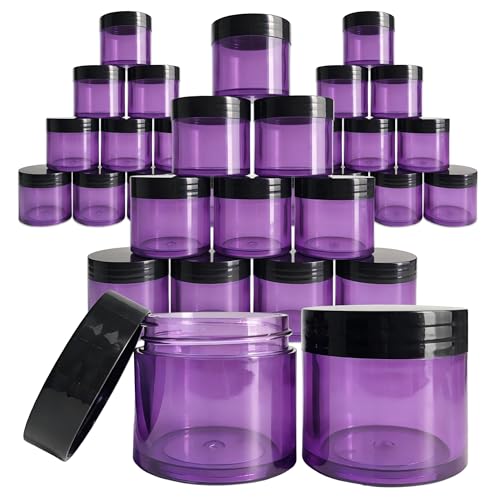 Beauticom 30g/30ml (1 fl. oz.) Double Wall Purple-Tinted Plastic Leak Proof Jars with Flat Top Lids for Creams, Lotions, Make Up, Powders, Glitters, and more... (Color: Black Lid, Pieces: 30)