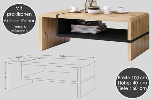 Folk Couchtisch Schwarz matt / Eiche Gold 100x60x40 cm mit praktischer extra Ablage modern stabil vielseitig als Wohnzimmertisch Beistelltisch Sofatisch zeitloses Design platzsparend Wohnzimmer – Bild 5