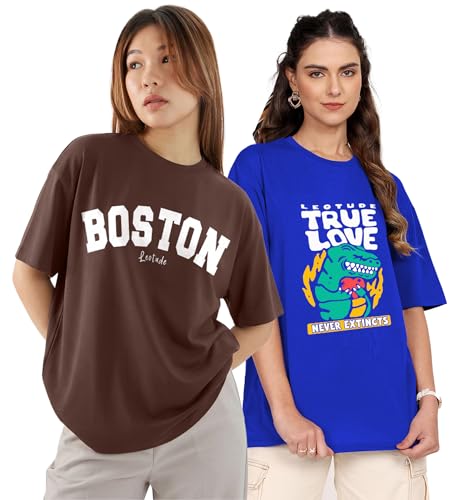 Image of LEOTUDE Women Cottonblend Drop Shoulder Oversized Round Neck Half Sleeve Tshirt, Longline Printed T-Shirt
