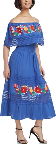 Image of YZXDORWJ Women Embroidered Mexican Peasant Casual Sexy Lace Off-Shoulder Long Dress