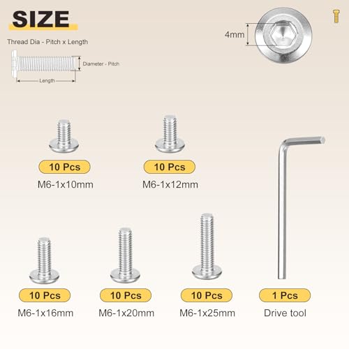 Image of METALLIXITY Flat Head Hex Socket Cap Screws Bolts(M6-1x10 /12 /16 /20 /25) 50Pcs, with Wrench Steel Hex Socket Furniture Bolts Screws - for Furniture Woodworking Project, Silver Tone