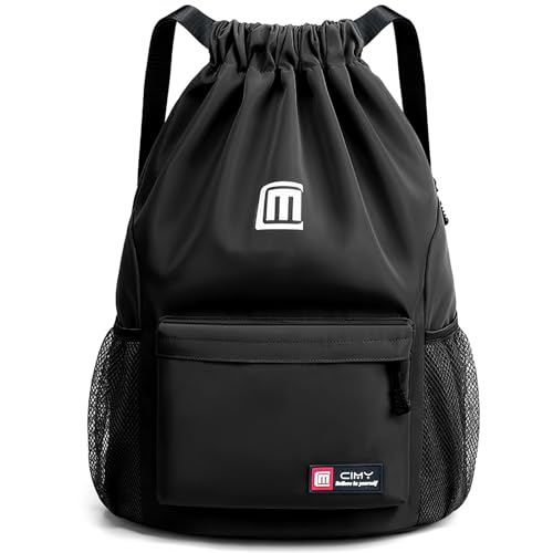 Tesmien Drawstring Bags,Waterproof Swimming Bags Unisex Sports Backpacks for Kids Adult Large Drawstring Sackpacks Bags for School Gym Sports Travel Swimming-Black