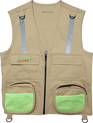 Eagle Eye Explorer Tan Vest with Silver Reflective Strip Youth S/M Safari Outdoor Exploration Vest Set for Fishing Hunting Outdoor Exploration (Youth Small/Medium, Tan Vest with Silver Strip)