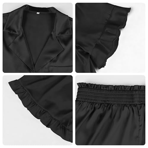 Image of KFUBUO Silky Satin Pajamas for Women Set Short Sleeve Button Down 2 Piece Pjs Shorts Sets Soft Sleepwear Loungewear