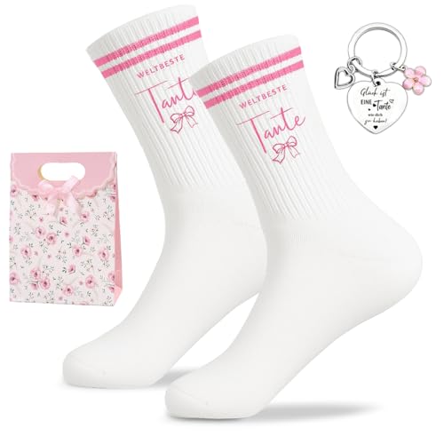 Scinzene Beste Tante Geschenk Set Socken und Schlüsselanhänger mit Geschenktasche Geschenk Tante Geburtstag Idee Geschenke für Tante liebevolles Set für Familie Alltag und besondere Anlässe