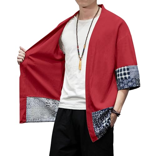 Image of PRIJOUHE Men's Kimono Jackets Cardigan Lightweight Casual Cotton Blends Linen Seven Sleeves Open Front Coat Outwear