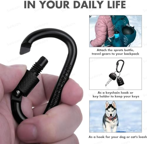 Image of Sunkizzrs Aluminium Carabiner (Pack of 5) Snap Hook Ring Clip - Hooks Keychain - Hook Keyring - Key Hooks for Keychain with Screw Locking (Black)