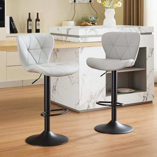 Butacos ajustables para barra, set de 2 unidades, giratorios con respaldo alto, tapizados en cuero sintético, con mecanismo de elevación neumática, estilo moderno para isla de cocina, comedor y bar en casa o cafetería, color gris miniatura 1