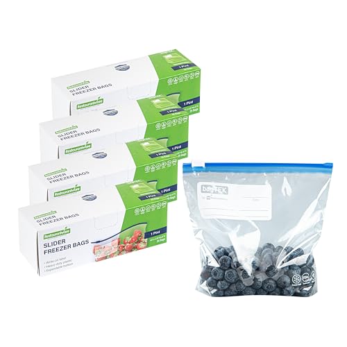 Image of Restaurantware Bag Tek 1 Pint Freezer Slider Bags 25 Disposable Zipper Pouch Bags - Slide Zipper Expandable Bottom Clear Plastic Freezer Bags With Write-On-Label For Food Storage