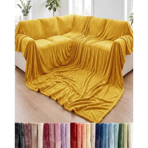 Fleece Blanket Oversized King - Ultra-Soft Flannel Fleece Blanket - Gold | Soft, Warm, Outdoor Picnic Blanket for Camping, Travel, Lightweight, Cozy, Anti-Static, Home Decor Gifts for Men &
