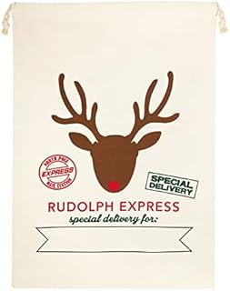 Ultra Rudolph Express Large Father Christmas Sacks 70cm by 50cm Linen Xmas Gifts Presents Traditional Childrens Adults Drawstring Bags Christmas Bags for Presents