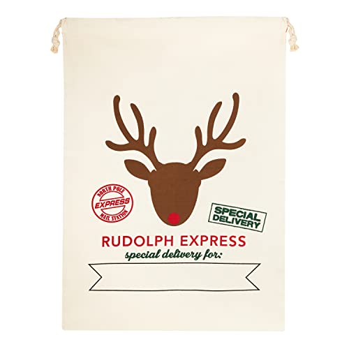 UltraByEasyPeasyStore Ultra Rudolph Express Large Father Christmas Sacks 70cm by 50cm Linen Xmas Gifts Presents Traditional Childrens Adults Drawstring Bags Christmas Bags for Presents
