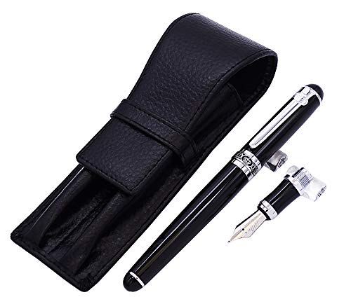 Duke D2 Black Fountain Pen In Medium Nib & 1Pc Calligraphy Fude/Bent Nib With Black Leather Pen Case Interchangeable Writing Gift Set #TOP1